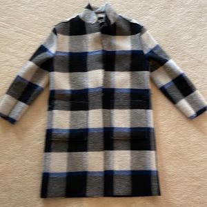 Baldwin wool mid length plaid car coat in blue/grey/white and exterior seams